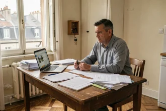 Propriétaire d'un petit meublé de tourisme assis à sa table face à une pile de documents administratifs et un ordinateur portable montrant une plateforme de location courte durée