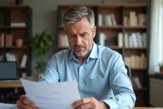 Propriétaire non occupant examinant son contrat d'assurance à son bureau à domicile
