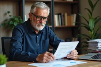 Propriétaire examinant un contrat de bail et une application de calcul de loyer sur son bureau