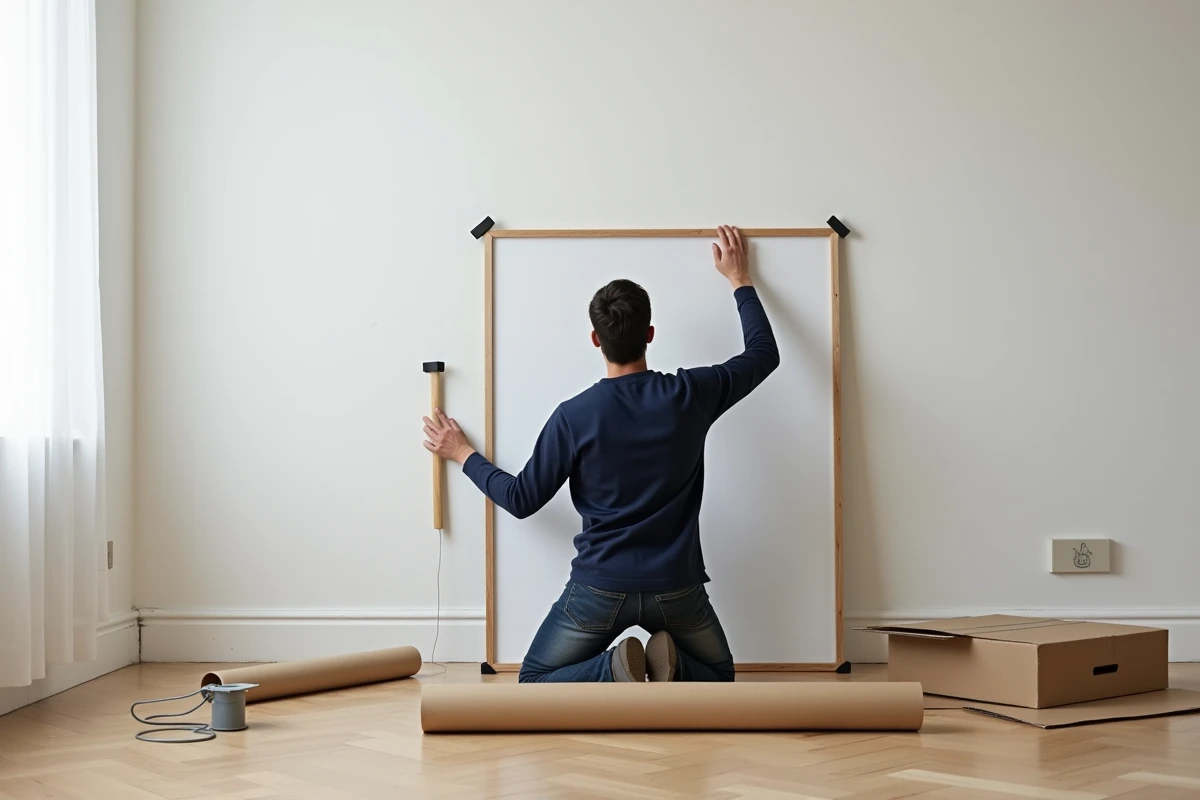 Homme posant des protections en mousse sur les coins d'un tableau encadré avant un déménagement