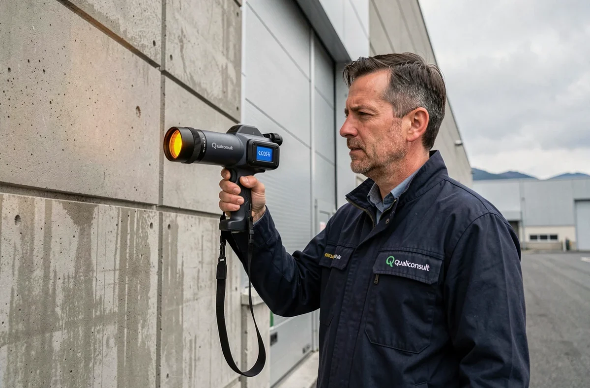 Ingénieur Qualiconsult utilisant une caméra thermique sur un bâtiment commercial en zone industrielle de l'Isère