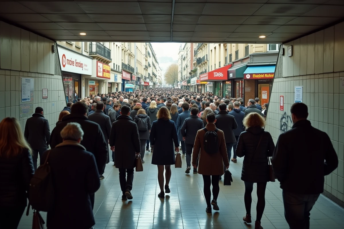 Sortie de métro bondée dans une banlieue parisienne dense avec une foule de navetteurs multiculturels