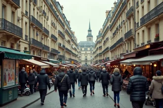 Vue aérienne d'un quartier densément peuplé de Paris avec des rues haussmanniennes animées et une forte densité de population