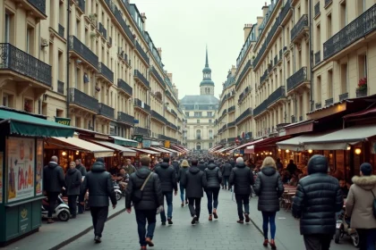 Vue aérienne d'un quartier densément peuplé de Paris avec des rues haussmanniennes animées et une forte densité de population
