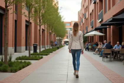 Femme se promenant dans le quartier Montaudran-Lespinet à Toulouse, boulevard piéton bordé d'arbres et de bâtiments résidentiels modernes en briques