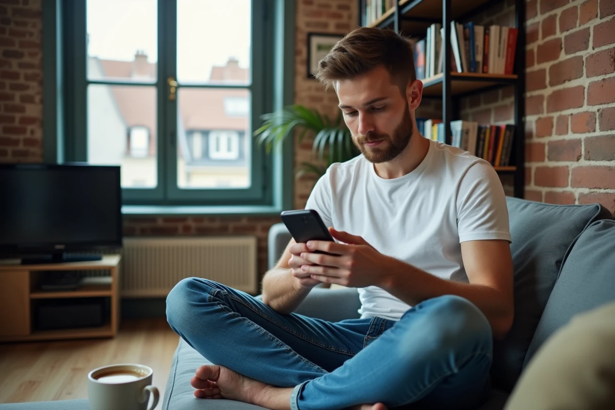 Jeune homme recherchant une assurance habitation pas chère sur son smartphone dans un appartement parisien