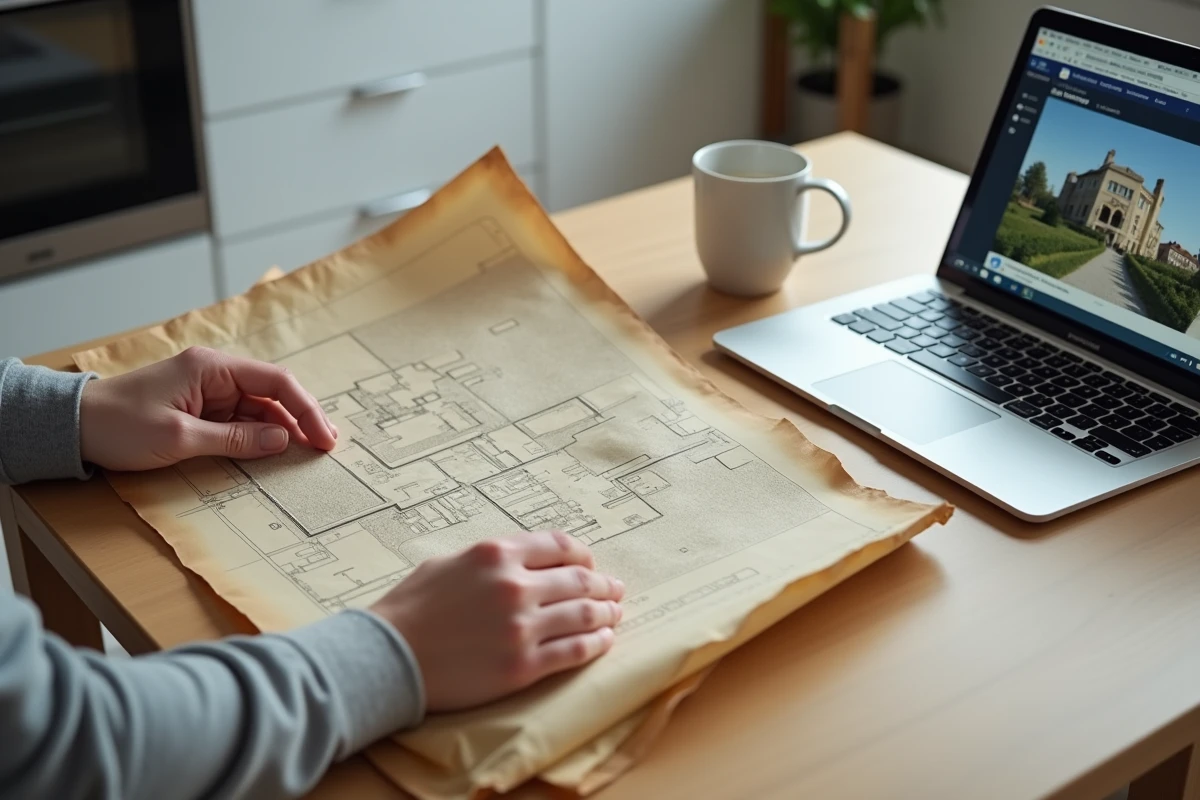 Recherche en ligne d'un ancien permis de construire avec plans architecturaux sur une table