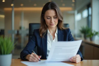 Femme professionnelle dans une agence bancaire examinant un document de caution bancaire avec une expression soulagée
