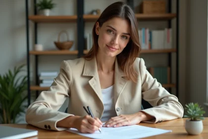 Jeune femme rédigeant une lettre de motivation pour une location d'appartement à son bureau