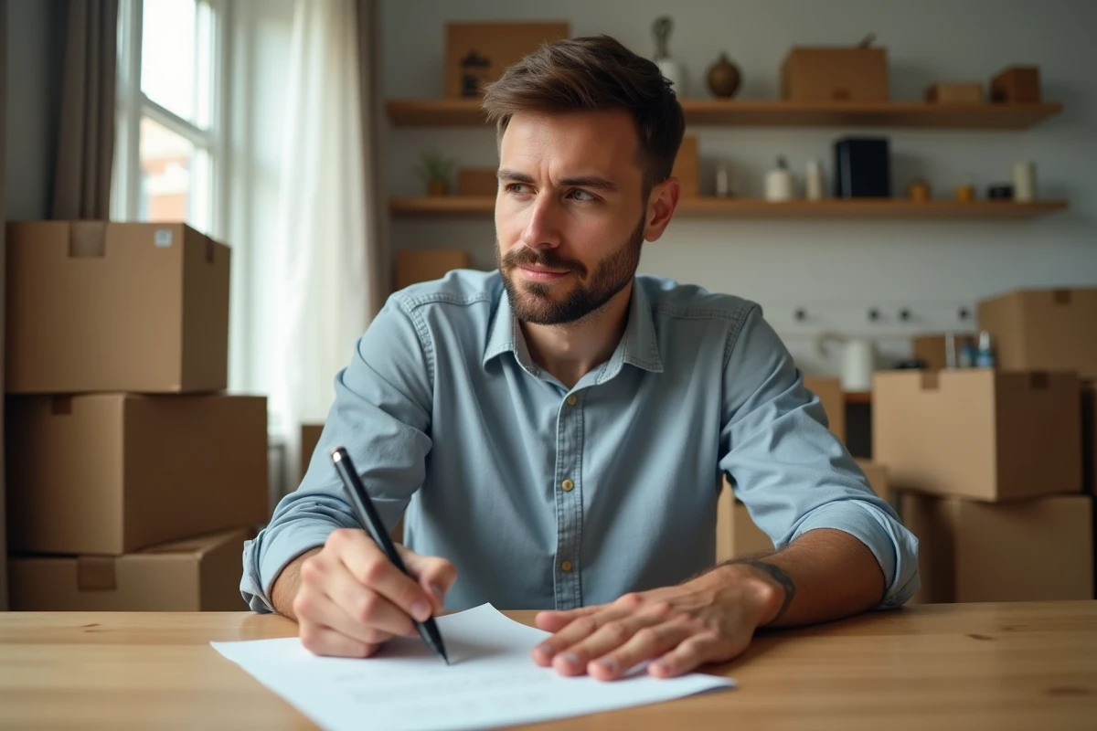 Homme rédigeant une lettre de préavis manuscrite à une table de cuisine entourée de cartons de déménagement