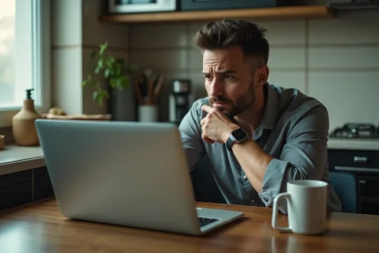 Homme frustré face à un refus de réservation sur une plateforme de location type Airbnb