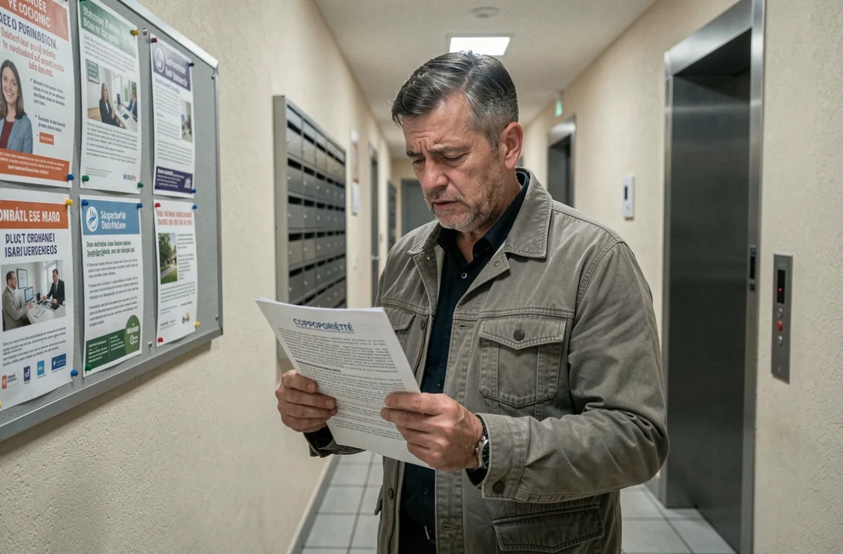 Propriétaire dans un couloir de copropriété lisant le règlement qui bloque la location meublée, indépendamment du classement obtenu