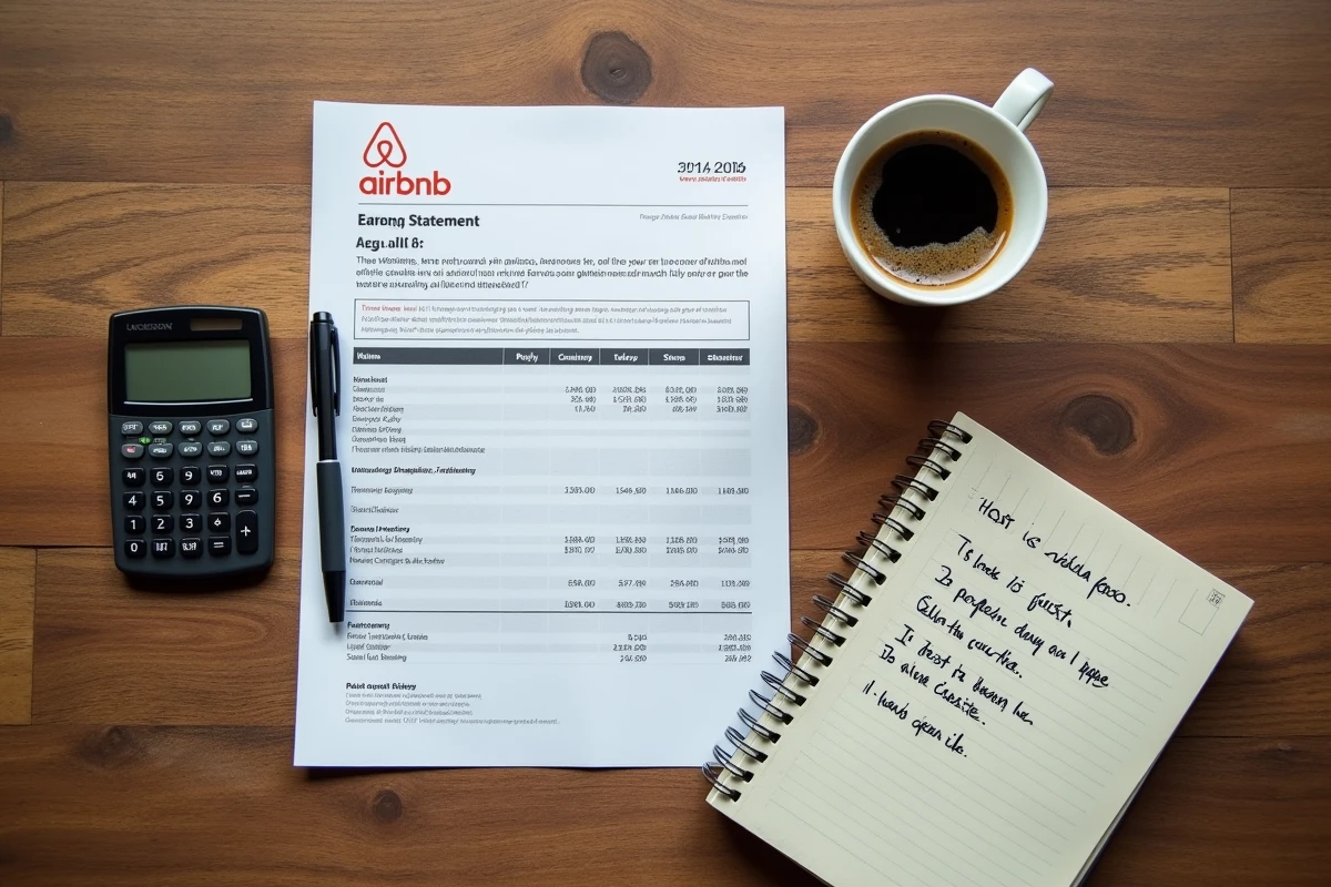 Vue aérienne d'un relevé de commissions Airbnb avec calculatrice et notes sur les frais de service hôte et voyageur