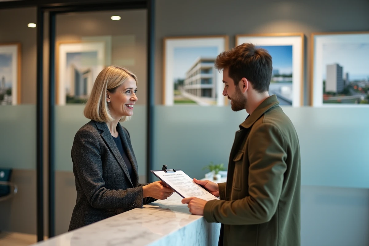 Remise de document de caution bancaire entre un agent immobilier et un locataire dans une agence immobilière