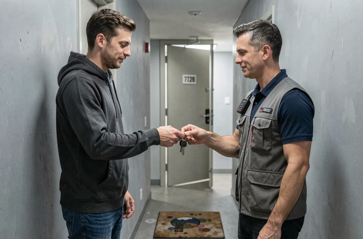 Remise de clés d'appartement entre locataire et gestionnaire immobilier dans un couloir résidentiel