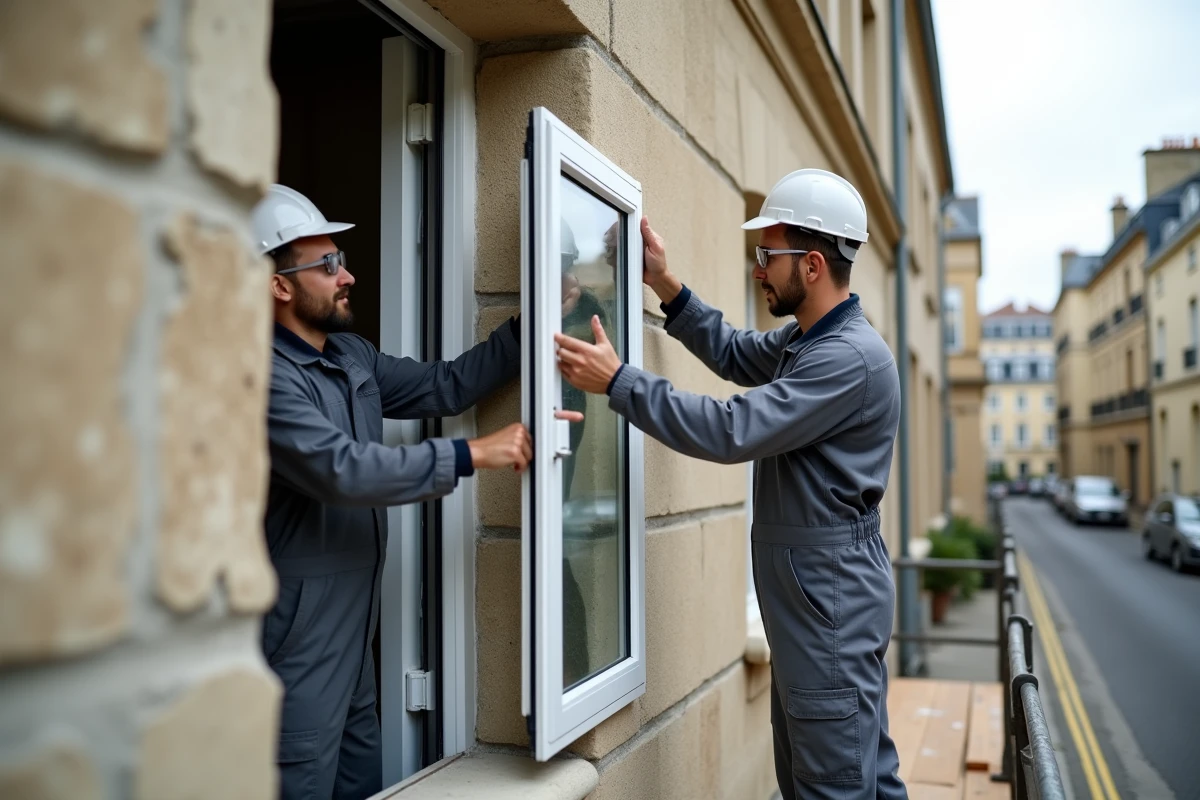 Ouvriers posant un double vitrage sur la façade d'un immeuble ancien lors de travaux pris en charge par le propriétaire