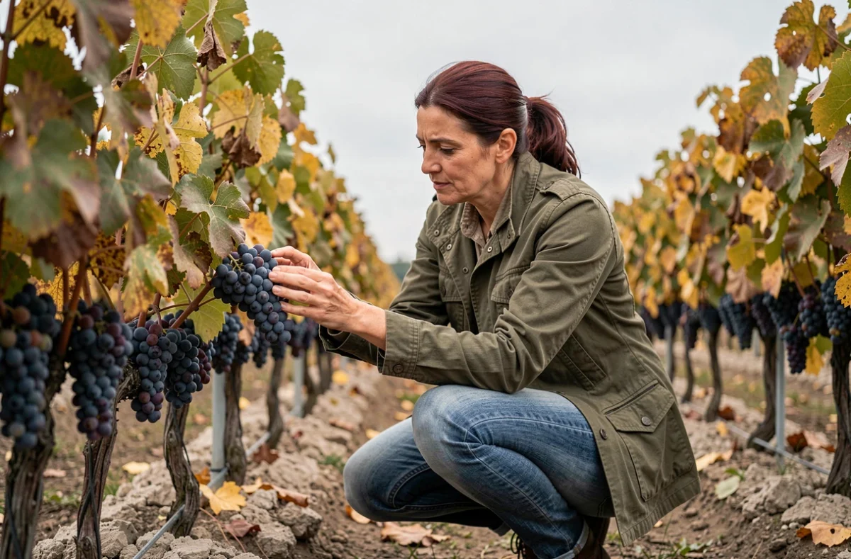 Repreneure inspectant les grappes de Merlot dans un vignoble bordelais à céder en automne