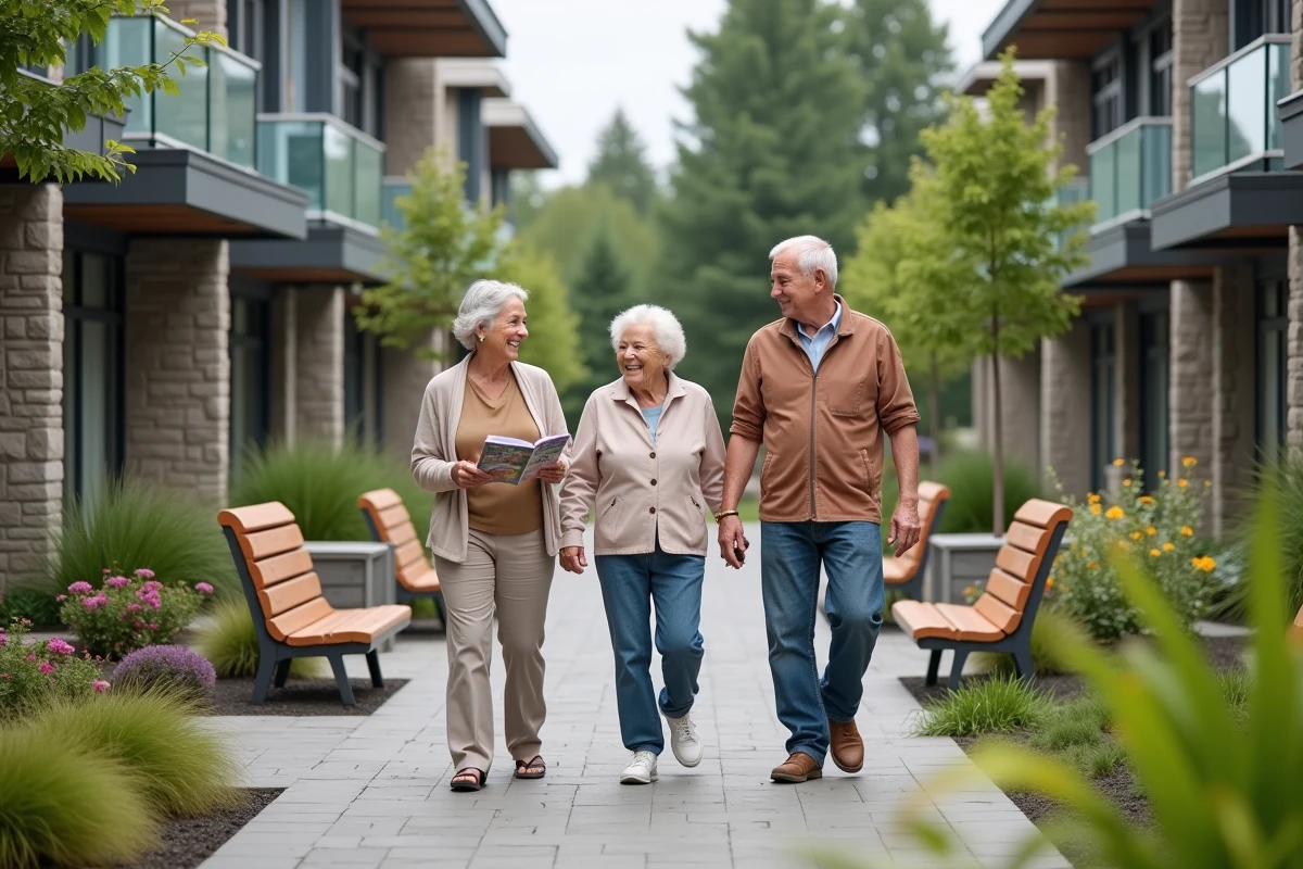 Trois résidents seniors se promènent dans la cour aménagée d'une résidence senior moderne
