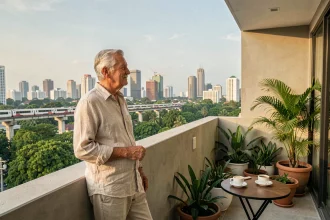 Retraité occidental profitant de sa terrasse dans un condo moderne de Bangkok avec vue sur la ville