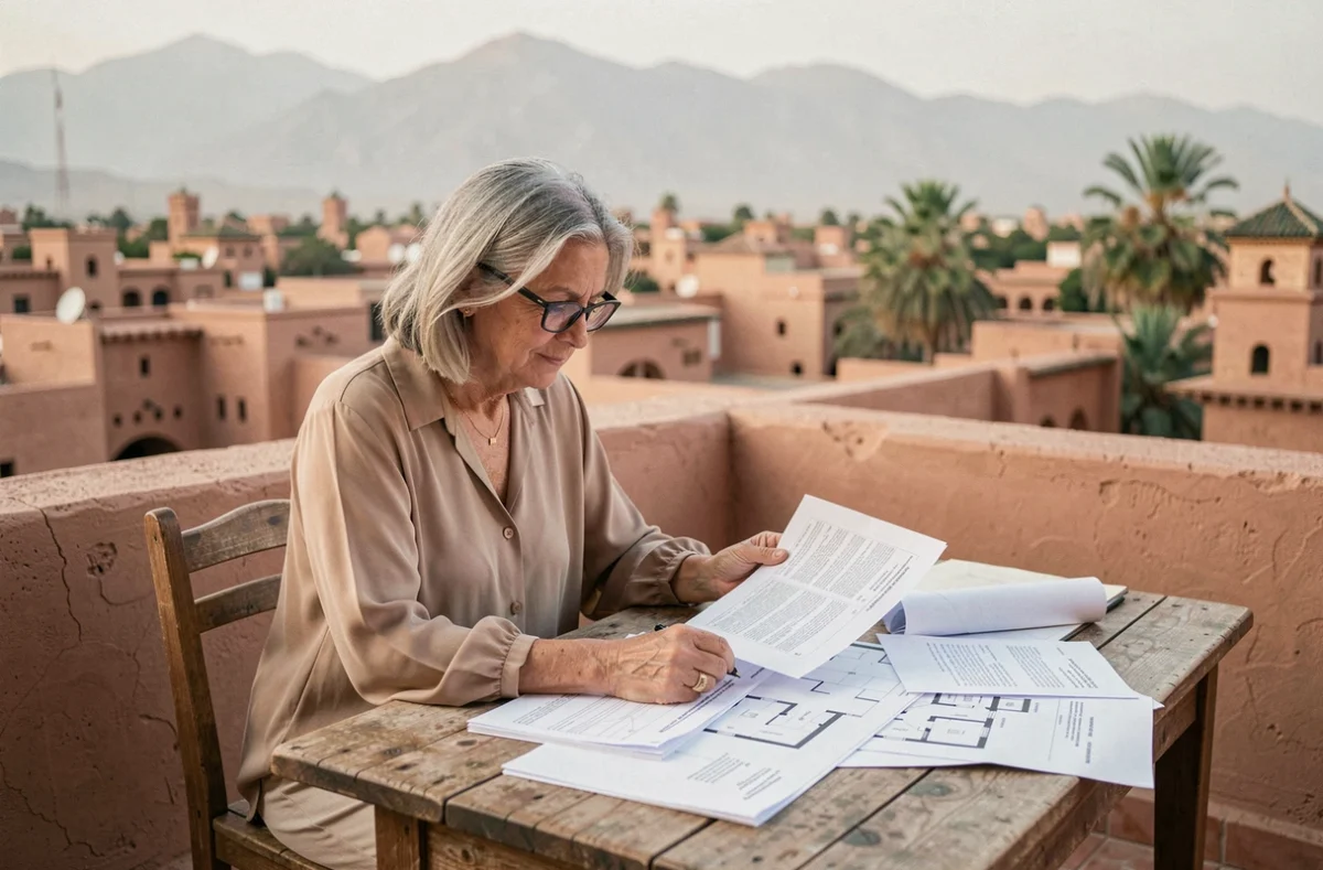 Femme retraitée étudiant des documents immobiliers sur une terrasse avec vue sur la médina de Marrakech