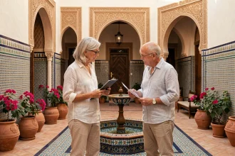 Couple de retraités européens visitant le patio d'un riad traditionnel à Marrakech pour un achat immobilier
