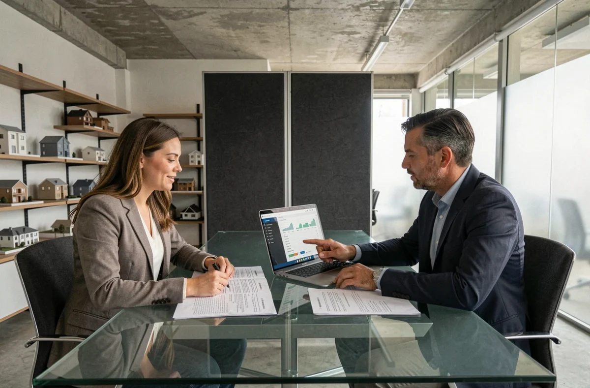 Réunion entre un bailleur et un conseiller immobilier autour des outils de gestion locative MyFoncia dans une agence moderne