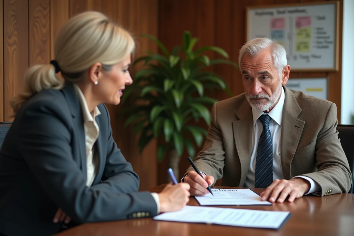 Réunion entre un comptable et un investisseur immobilier pour choisir entre le statut LMP et LMNP