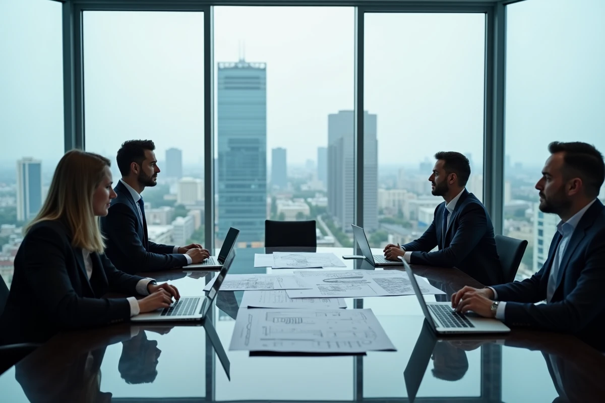 Réunion de dirigeants autour d'une table de conférence avec des documents immobiliers et vue sur la skyline de la Part-Dieu