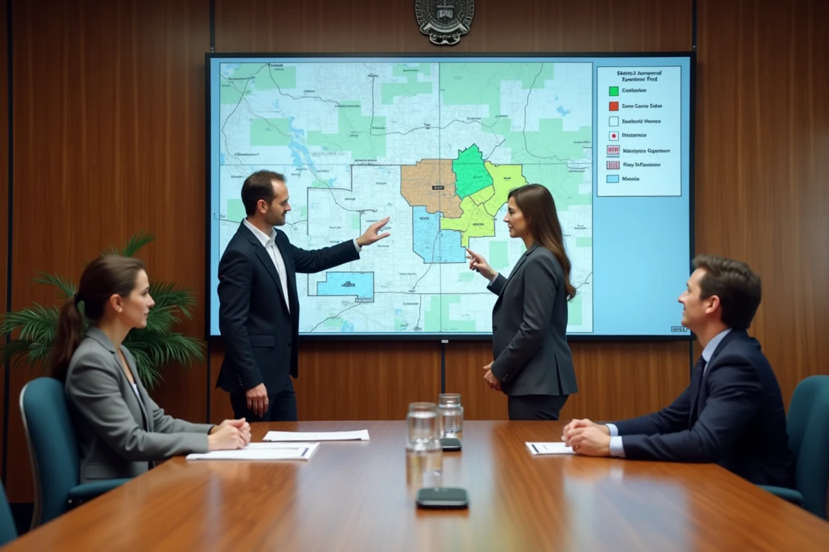 Élus municipaux analysant une carte de zonage du SDAU sur un écran numérique lors d'une réunion de planification urbaine