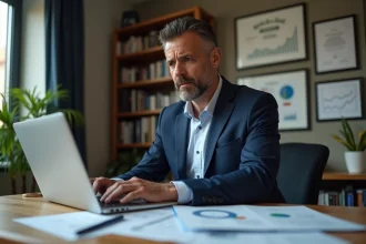 Un homme en costume marine analysant des documents financiers liés à une SCPI sur un bureau en bois dans un bureau à domicile professionnel