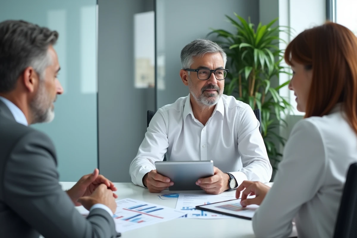 Un couple de quinquagénaires en réunion avec un conseiller financier pour évaluer les risques d'un investissement en SCPI dans une agence bancaire moderne
