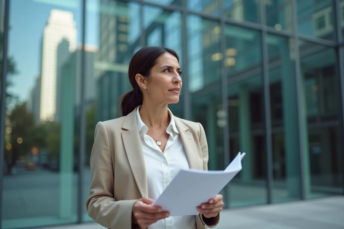 Une femme en blazer beige tenant une brochure d'investissement SCPI devant un immeuble de bureaux en verre dans un quartier financier urbain