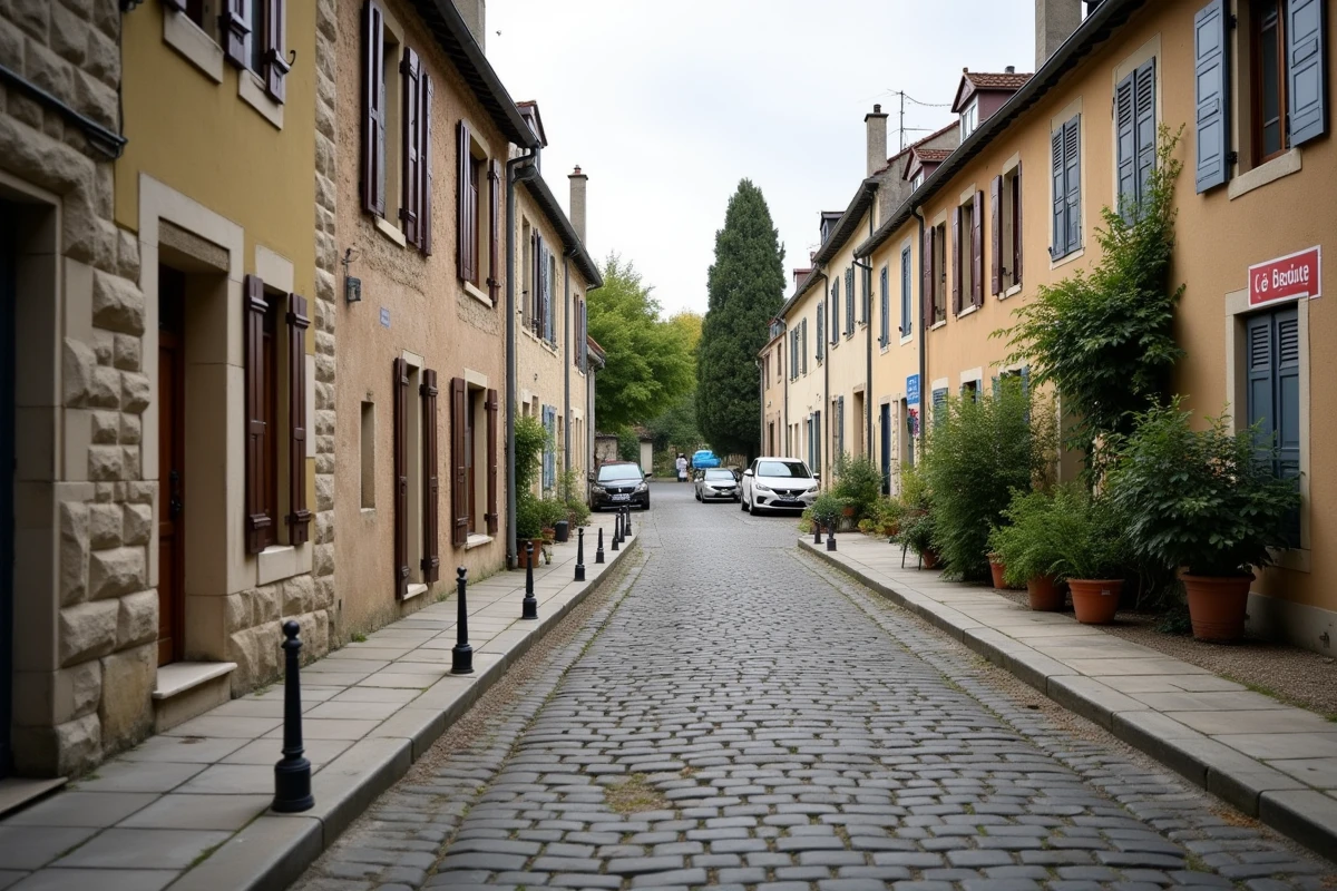 Rue résidentielle française avec plusieurs panneaux à vendre et prix réduit sur des maisons en pierre, illustrant la baisse des prix de l'immobilier