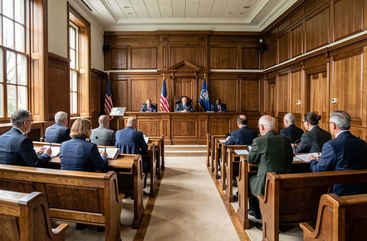Salle d'audience d'un tribunal judiciaire pendant une vente aux enchères