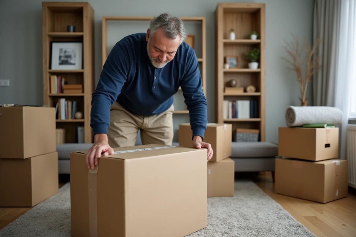 Homme scellant des cartons étiquetés dans un salon en cours de déménagement avec des étagères vides et des meubles emballés
