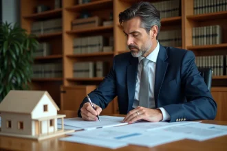 Homme d'affaires examinant des documents de prêt immobilier pour une SCI dans un bureau de notaire
