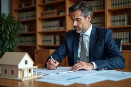 Homme d'affaires examinant des documents de prêt immobilier pour une SCI dans un bureau de notaire