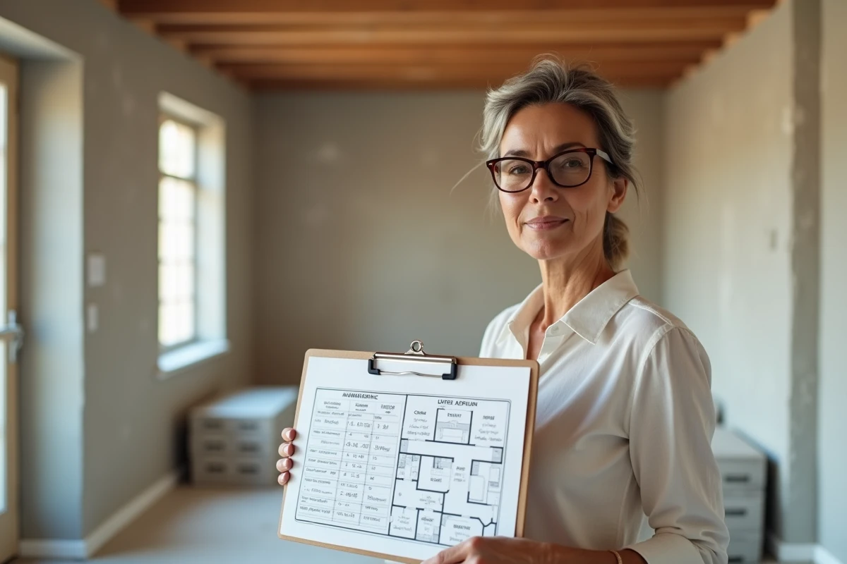 Investisseuse immobilière en SCI supervisant des travaux avec un plan de financement sur 25 ans