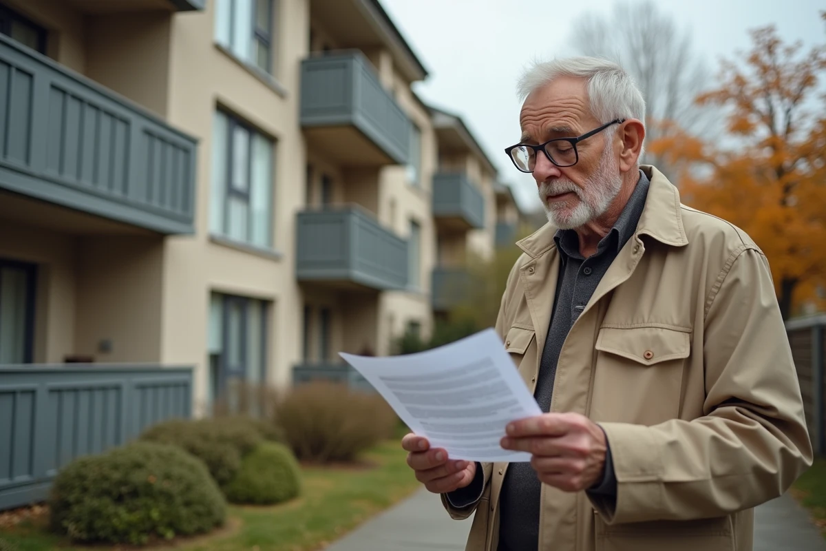 Homme âgé lisant un courrier d'attribution de logement social devant un immeuble HLM en banlieue française
