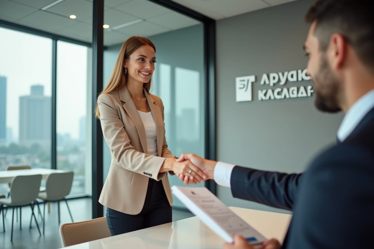 Propriétaire signant un document d'assurance dans une agence immobilière moderne