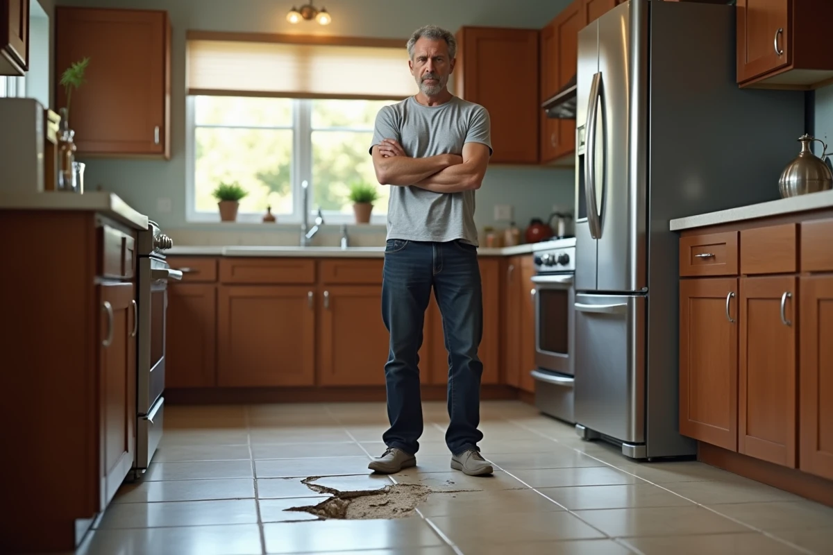 Homme debout dans une cuisine face à un carrelage fissuré après la chute d'un objet lourd, symbolisant un sinistre accidentel couvert par l'assurance dommages habitation