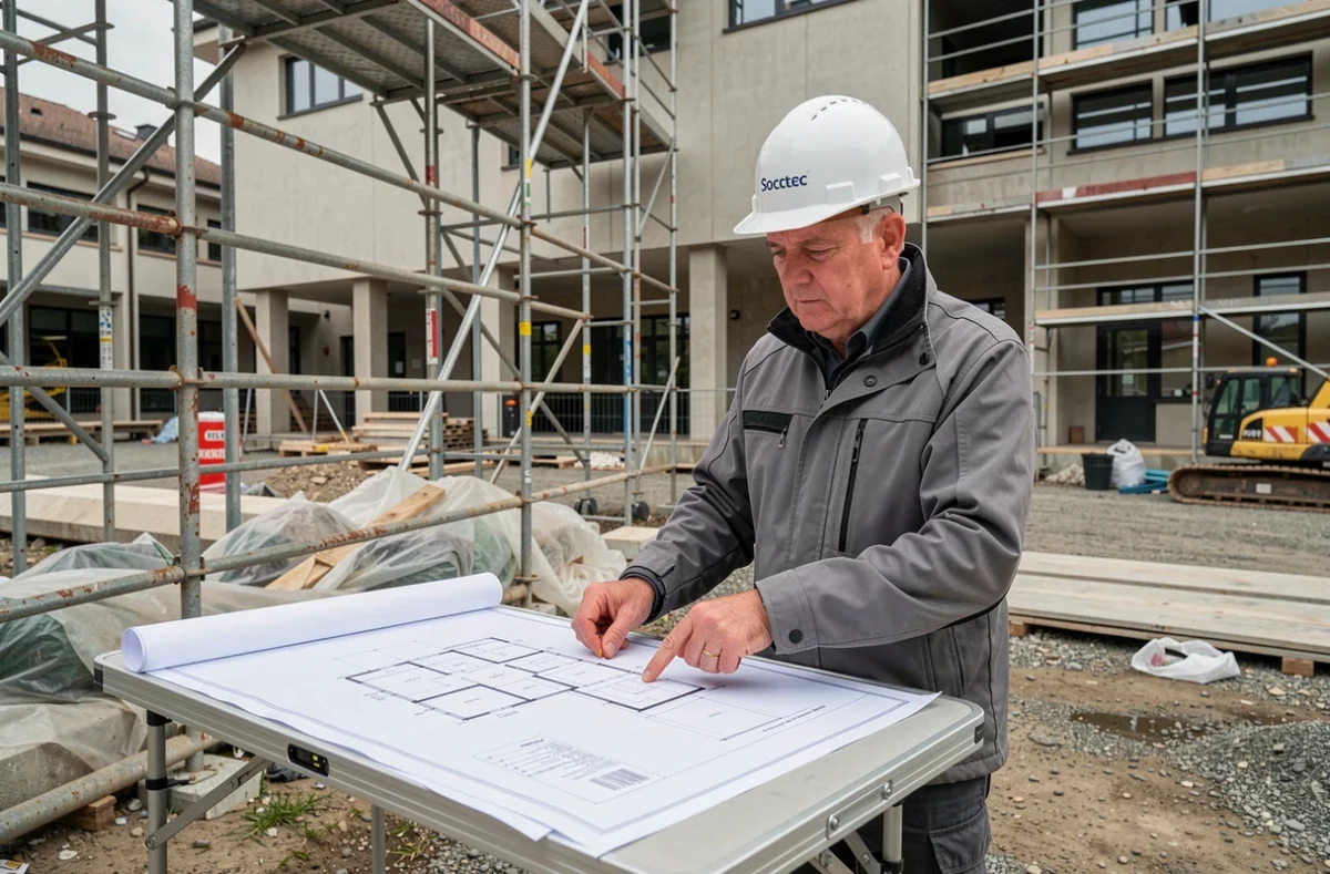 Ingénieur Socotec Diagnostic Immobilier analysant des plans architecturaux sur un chantier de rénovation en Isère