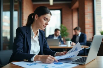 Femme d'affaires analysant la stratégie d'entreprise Airbnb sur ordinateur portable dans un bureau moderne