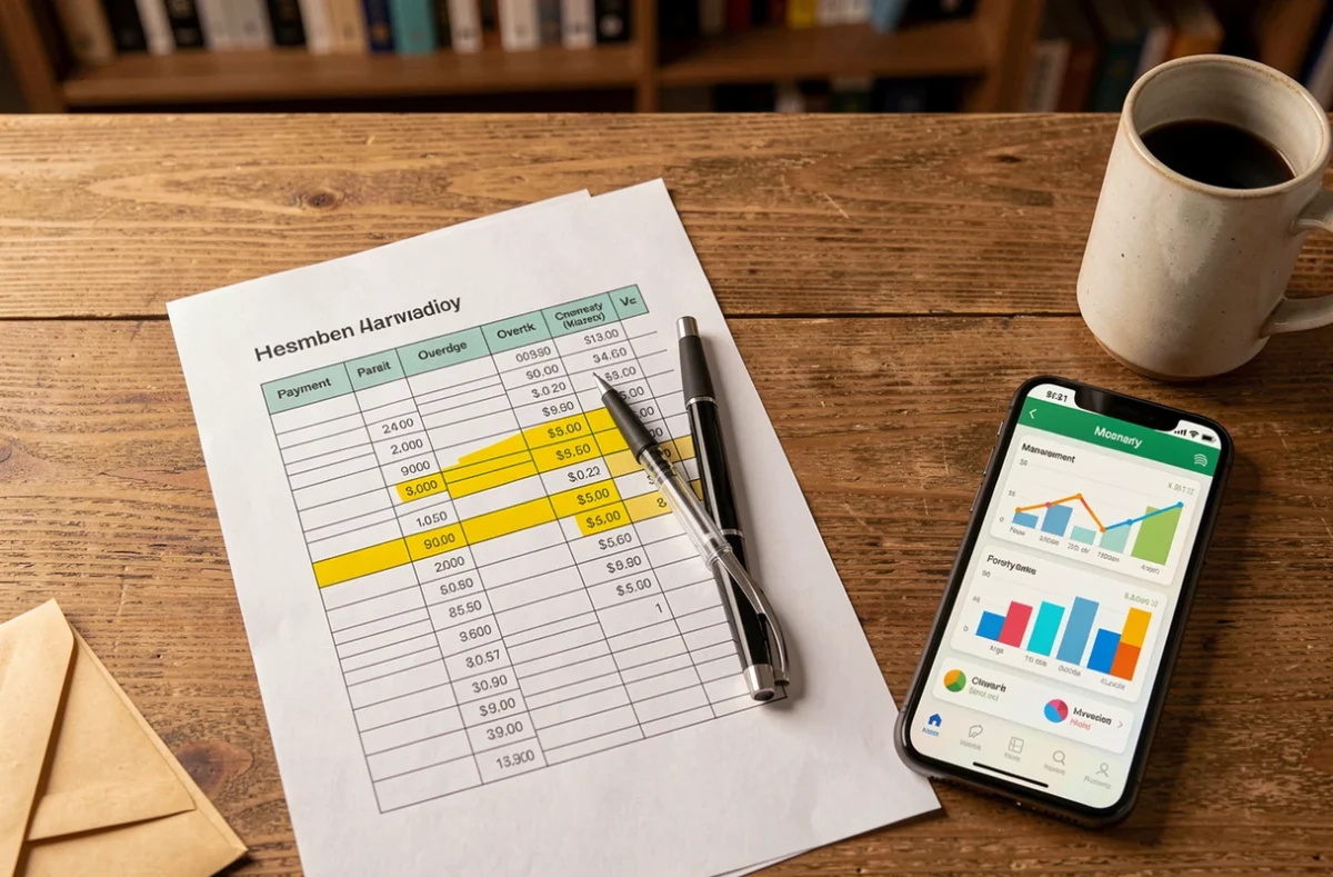 Vue de dessus d'un bureau avec tableau de suivi des charges impayées en copropriété et application de gestion sur smartphone