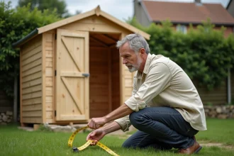 Homme mesurant une cabane de jardin en bois pour vérifier la surface constructible sans déclaration préalable