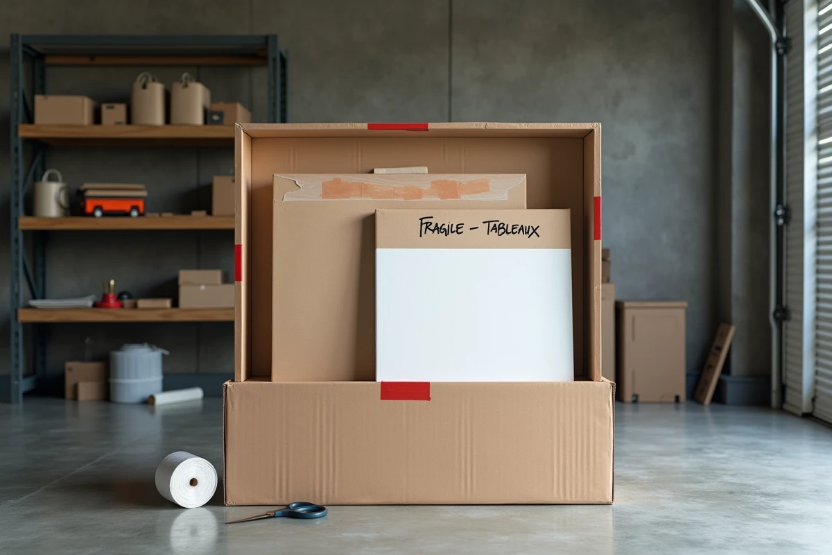 Tableaux encadrés emballés et étiquetés dans un carton de déménagement posé sur le sol d'un garage