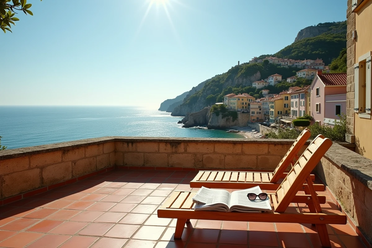 Terrasse d'un appartement vue sur mer à vendre dans une ville côtière française avec vue panoramique sur la baie et le port de pêche