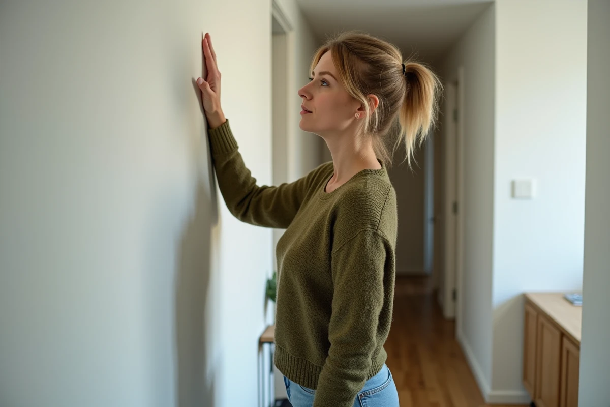 Femme testant la température d'un mur intérieur à la main pour détecter un manque d'isolation thermique
