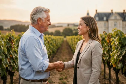 Transmission d'un domaine viticole à Bordeaux : poignée de main entre cédant et repreneur dans les vignes