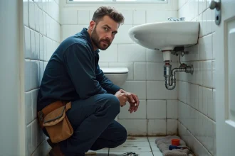 Plombier professionnel inspectant des canalisations dans une salle de bain lors d'une réparation à la charge du propriétaire